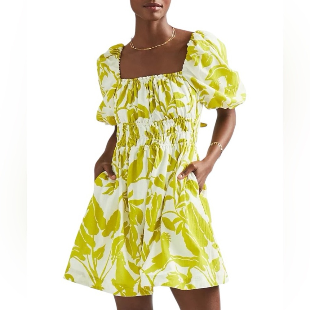 Anthropologie Maeve Feliciano Puff-Sleeved Mini Dress in Chartreuse